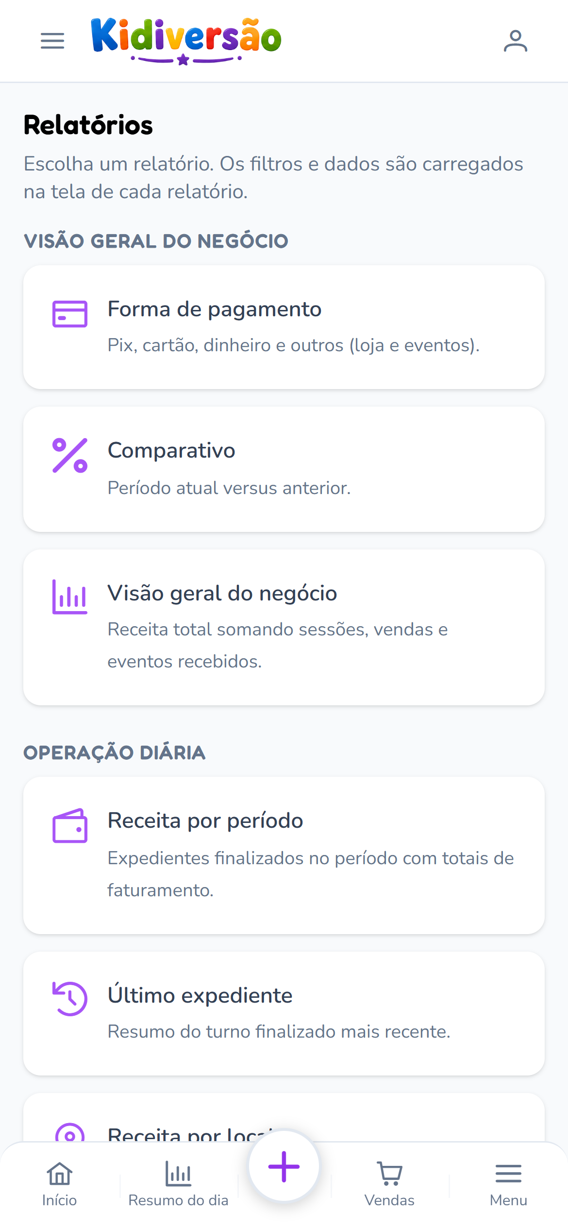 Central de relatórios do Kidiversão com faturamento, comparativos e visão geral do negócio
